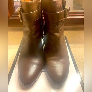 NINE WEST - Brown Wedge Booties & Gold Buckle